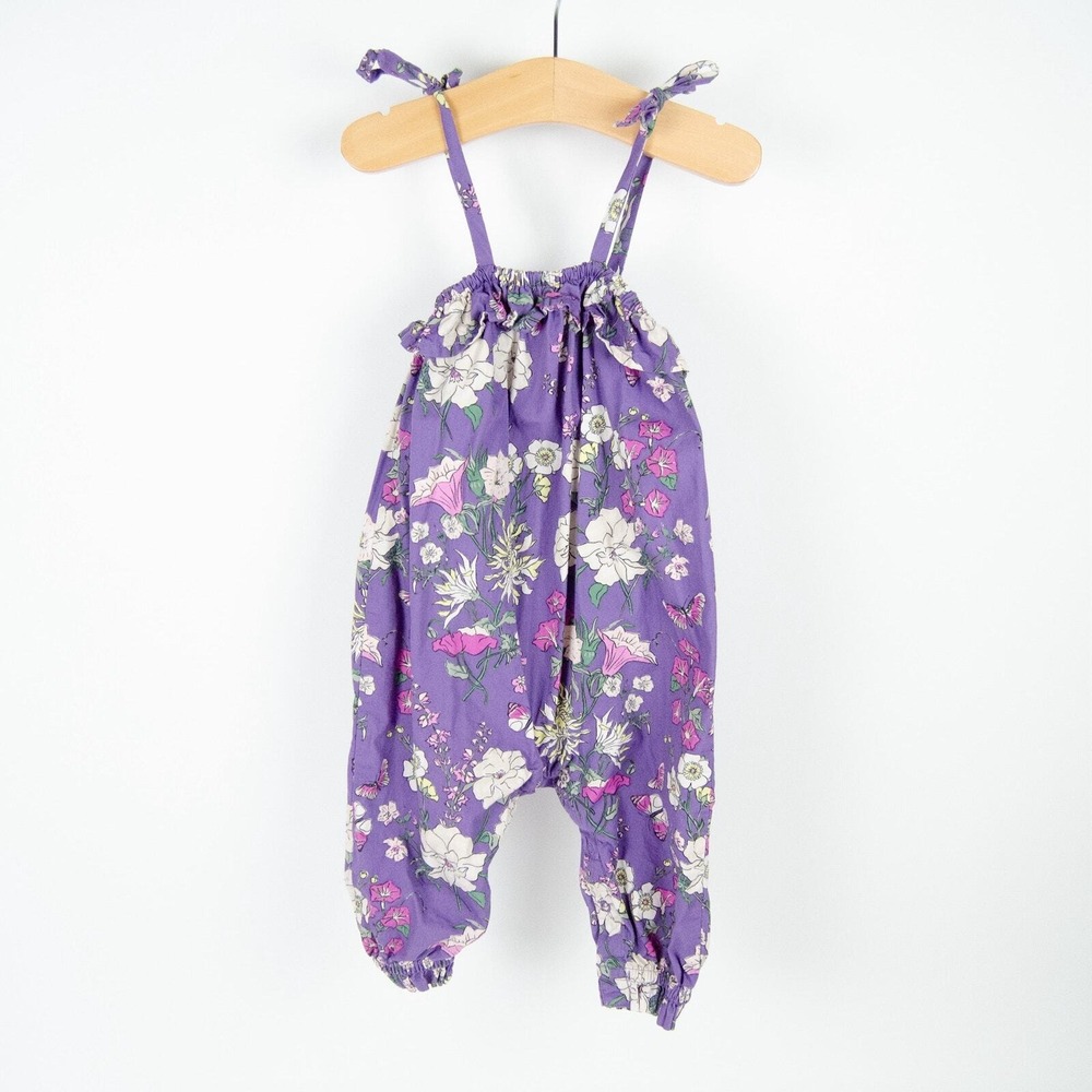 Tea‎ Collection Romper Baby 6-9 Months Purple Floral Butterfly Tie Strap Cotton